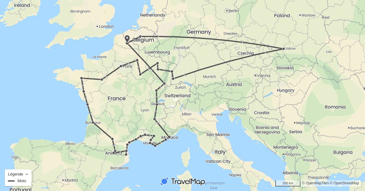 TravelMap itinerary: motorbike in Andorra, Belgium, Germany, Spain, France, Poland (Europe)